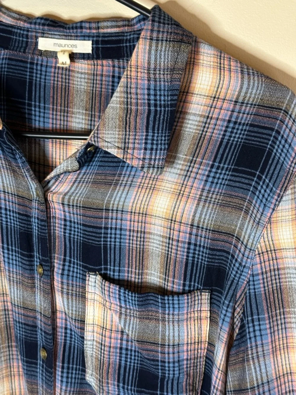 Maurices MEDIUM Western Plaid in Navy and Cream Button-Down Shirt - Picture 2 of 5